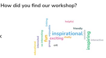 A word cloud with words in different colours illustrating feedback in sessions