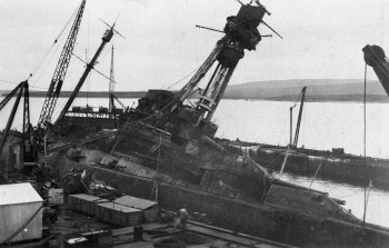 SMS Hindenbugh after being towed to shore. Reproduced with kind permission Orkney Library and Archive.