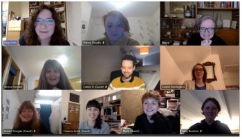 a screengrab from an online meeting, nine artists and museumm staff's faces are pictured.