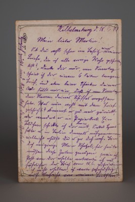 Reverse of postcard. Handwritten message to Martin, a sailor aboard the interned German High Seas Fleet, from Gretel